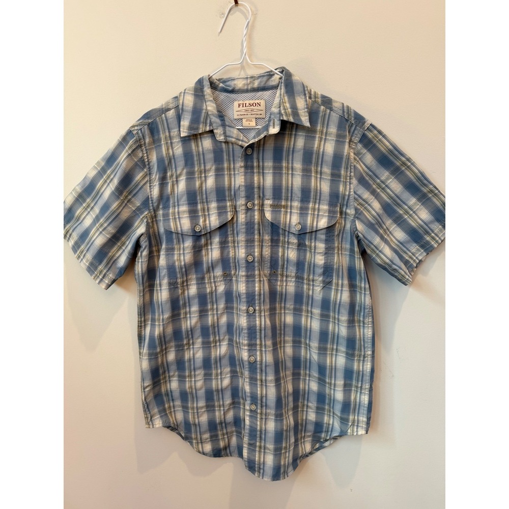 Filson Twin Lakes Sport Shirt Men Small Blue‎ Green Plaid Short Sleeve Outdoor